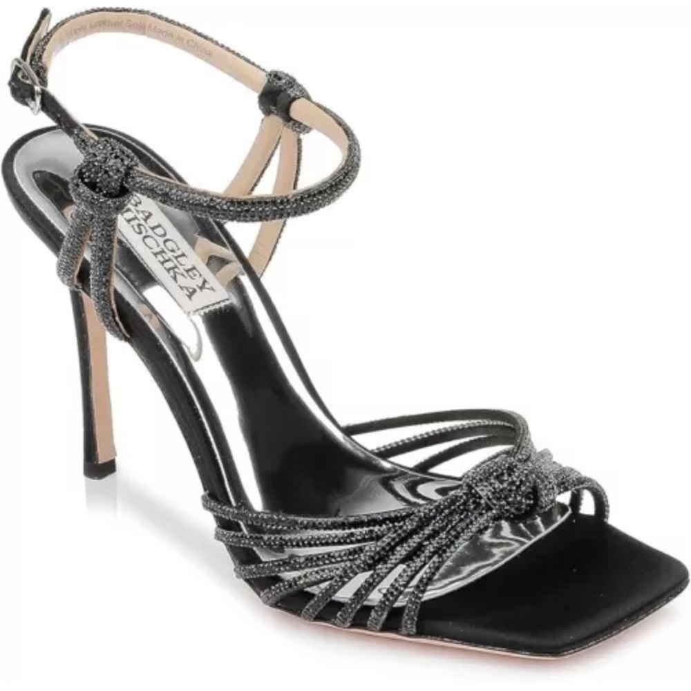 Badgley Mischka Estella Black Stiletto Heel Strappy Rhinetstone Satin Sandal 5.5